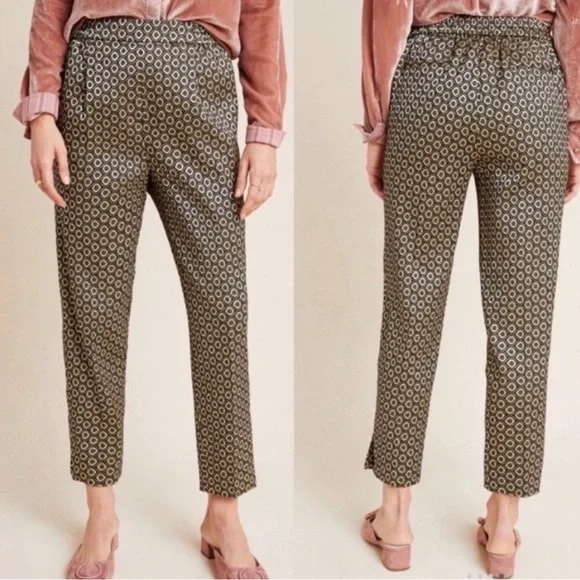 Anthro | Metallic Geo Pattern Larkin Jacquard Tapered Trousers Pants - Picture 2 of 13